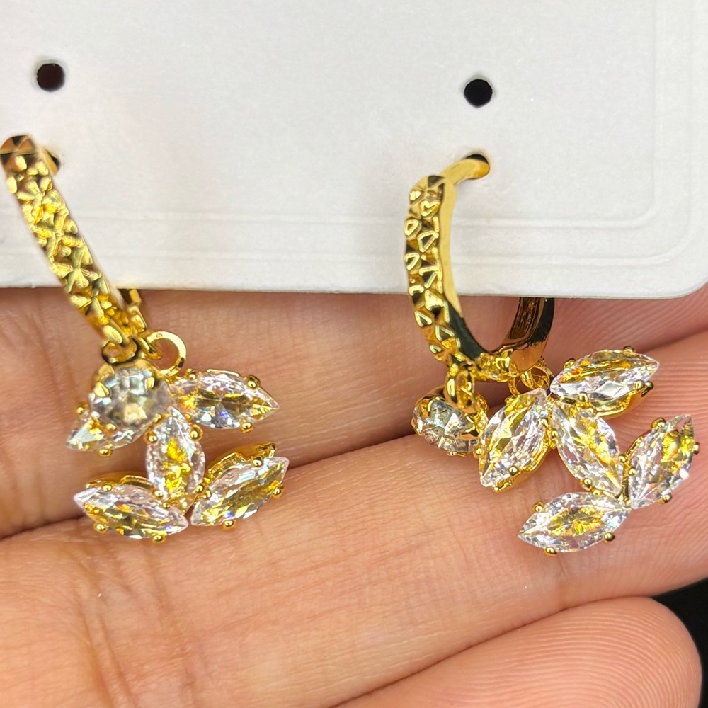 Gold Zirconia Drop Hoop Earrings - Women's Jewelry Small Size NEW Very Sparkly